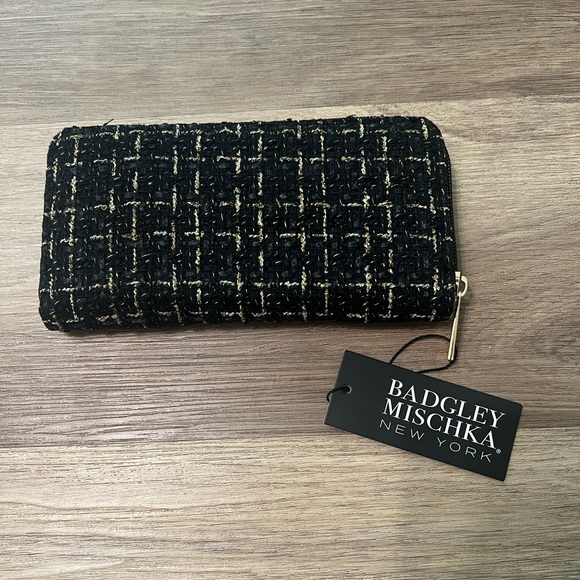Badgley Mischka Tara Tweed Wallet Zip Around Black and Gold Fleck NWT - Picture 4 of 6